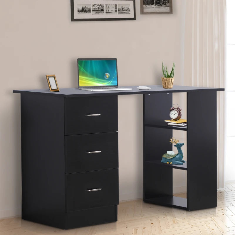 Black Computer Desk with Storage Shelves and Drawers