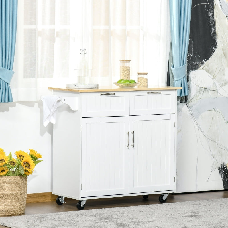 White Modern Kitchen Island Cart with Rubberwood Top and Drawers