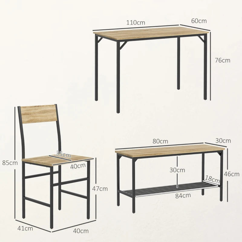 4-Piece Dining Set with Table, Chairs, and Bench - Grey