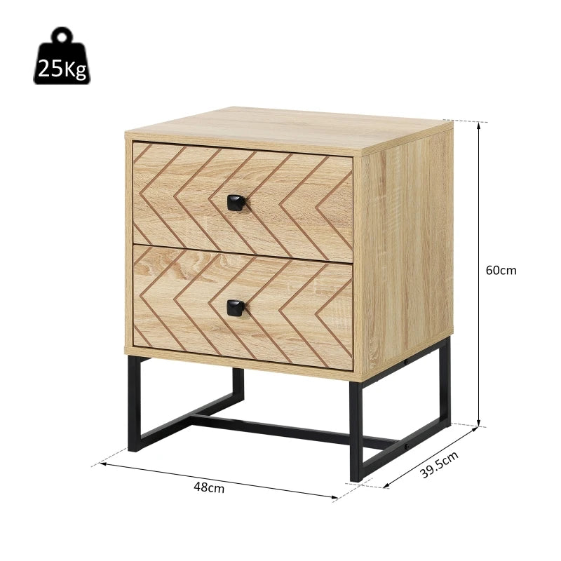 Modern Two-Drawer Nightstand with Zig Zag Design, Natural Finish