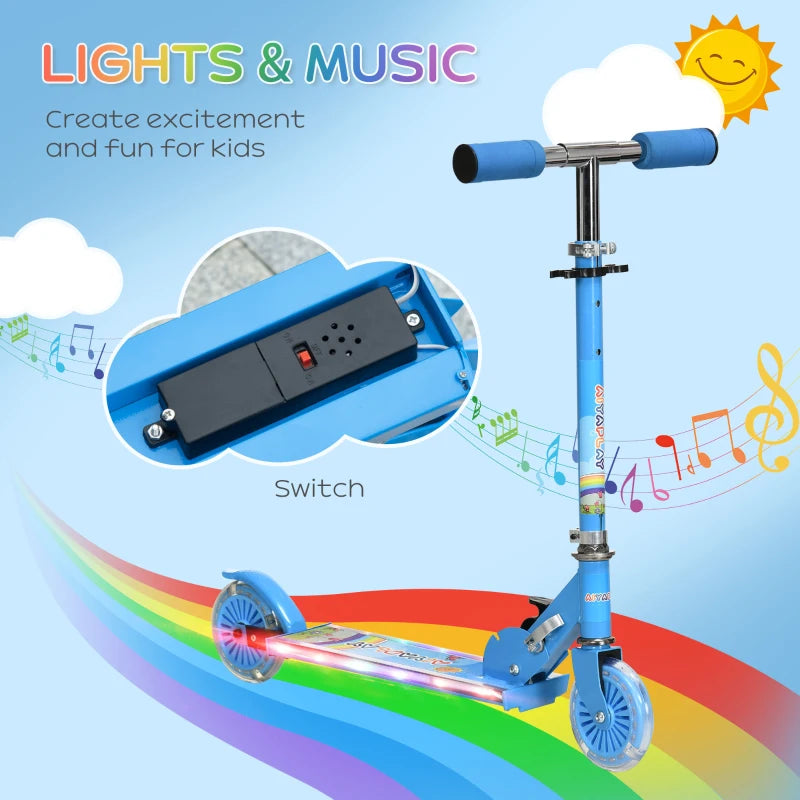 Blue Kids Scooter with Lights and Music - Adjustable Height, Foldable Frame