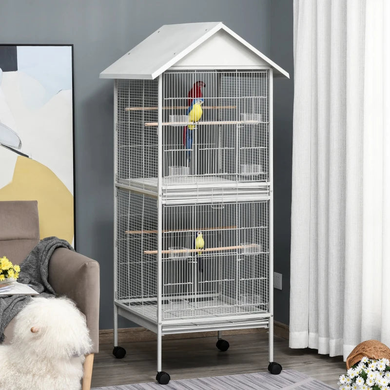 White 170cm Bird Cage with Rolling Stand & Perches