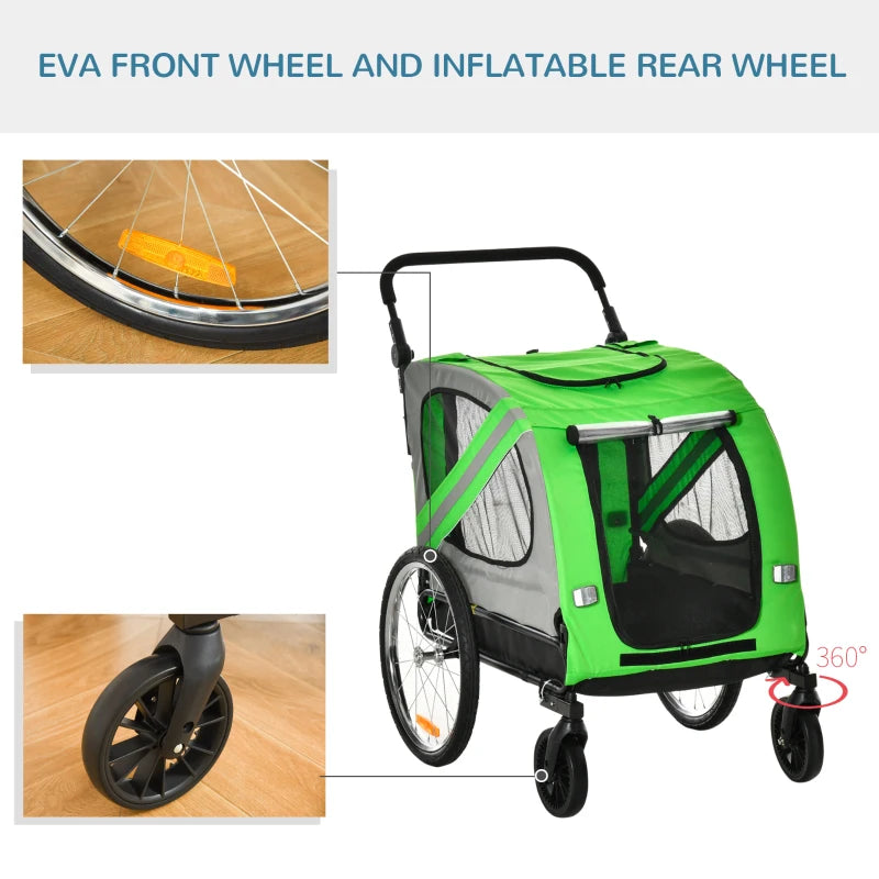 Green 2-In-1 Dog Bike Trailer & Pet Stroller with Reflectors