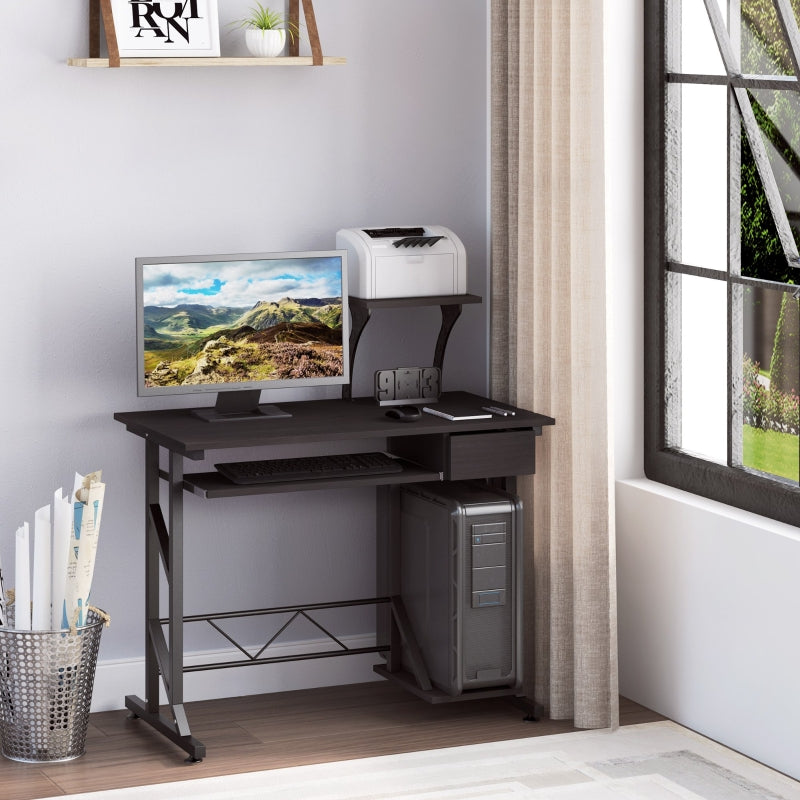 Dark Brown Computer Desk with Display Stand and Sliding Keyboard Tray