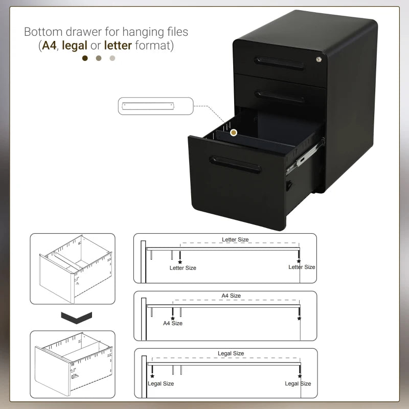 Black 3-Drawer Lockable Vertical File Cabinet for A4/Letter/Legal Size Documents