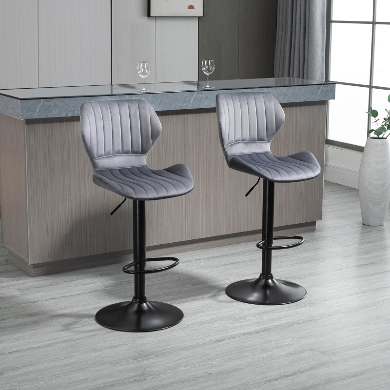 Grey Velvet Swivel Bar Stool Set of 2 - Adjustable Height Counter Chairs with Footrest