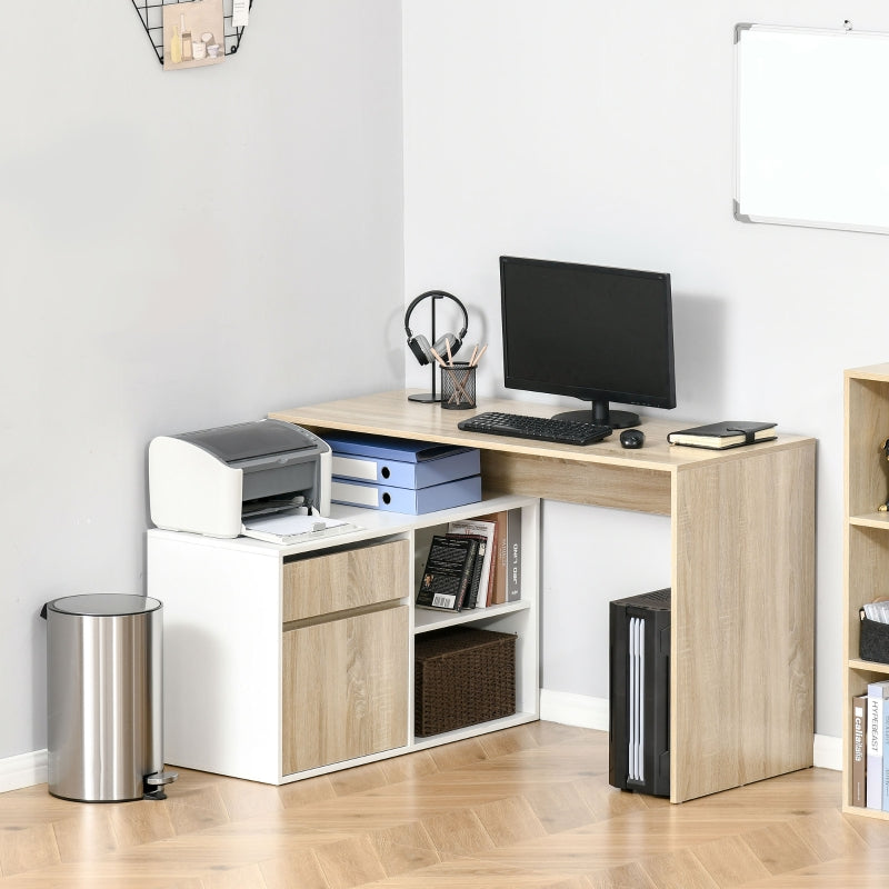 Oak and White L-Shaped Corner Computer Desk with Storage Drawer