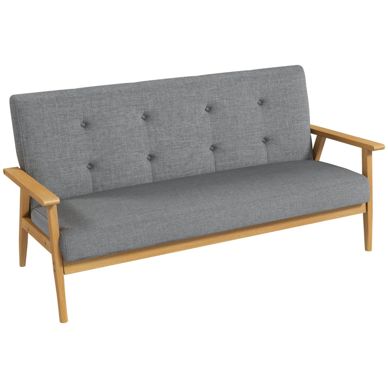 Dark Grey 3-Seat Linen Fabric Tufted Sofa with Rubberwood Legs