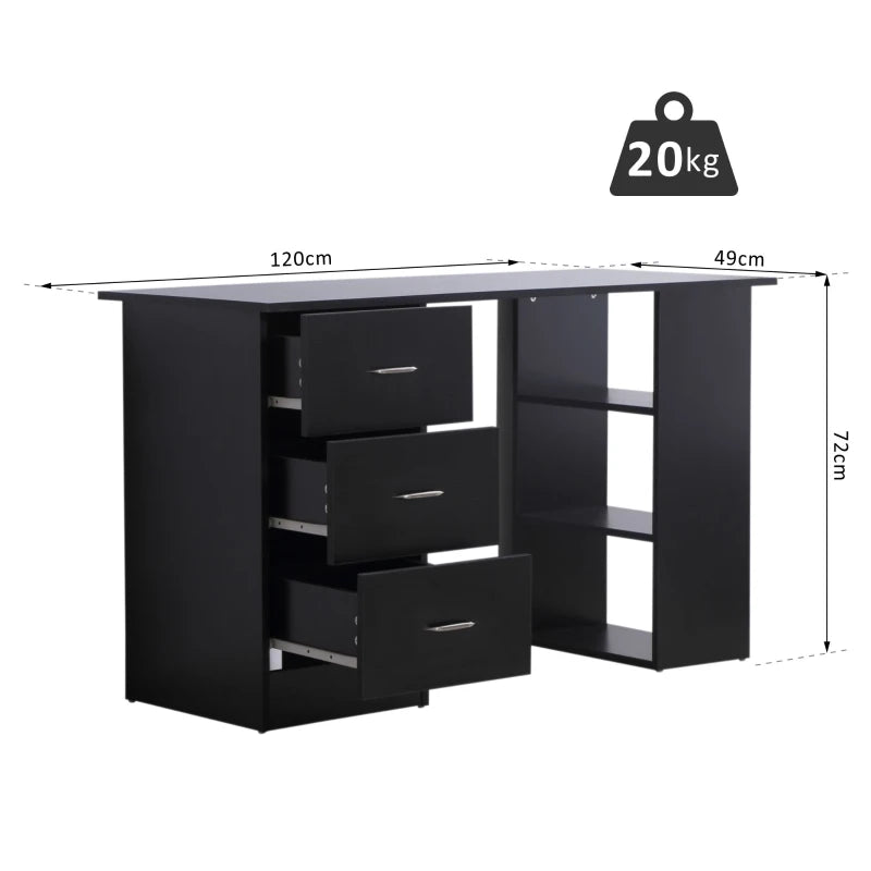 Black Computer Desk with Storage Shelves and Drawers