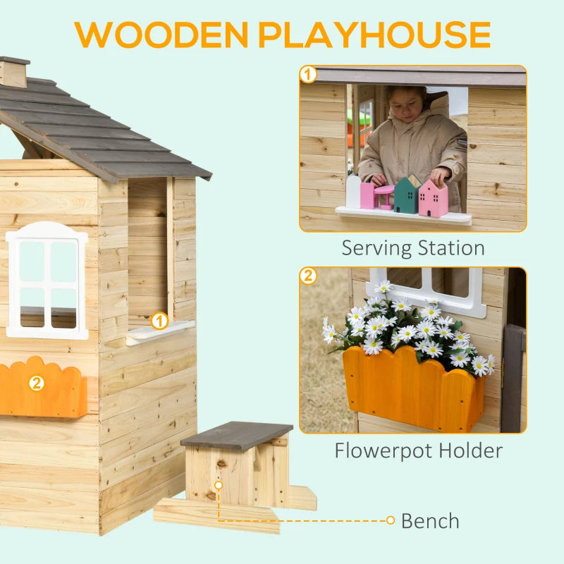 Wooden Kids Playhouse Outdoor Garden Cottage with Bench and Flowerpot Holder, Blue