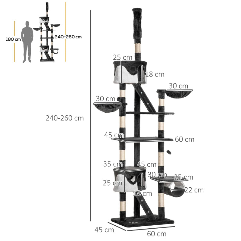 Adjustable Dark Grey Cat Tree for Indoor Cats, 240-260cm