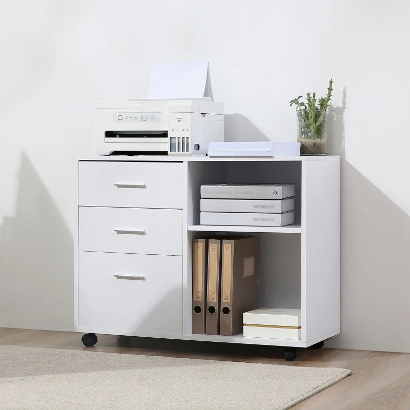 White Printer Stand with Wheels, 3 Drawers, 2 Shelves - Modern Office Storage Unit