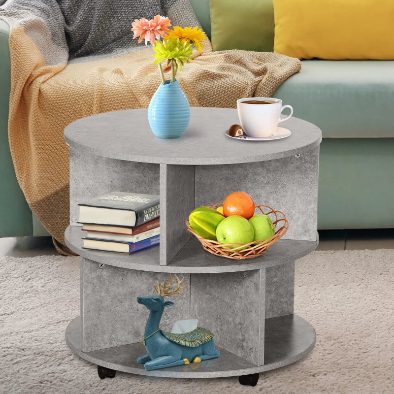 Round Cement Coffee Table with Divided Shelves and Wheels