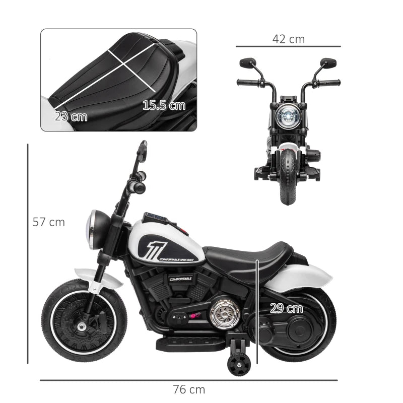 White 6V Electric Motorbike with Training Wheels, One-Button Start