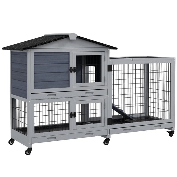 Grey Portable Rabbit Cage with Run, Wheels, Ramp - Indoor/Outdoor