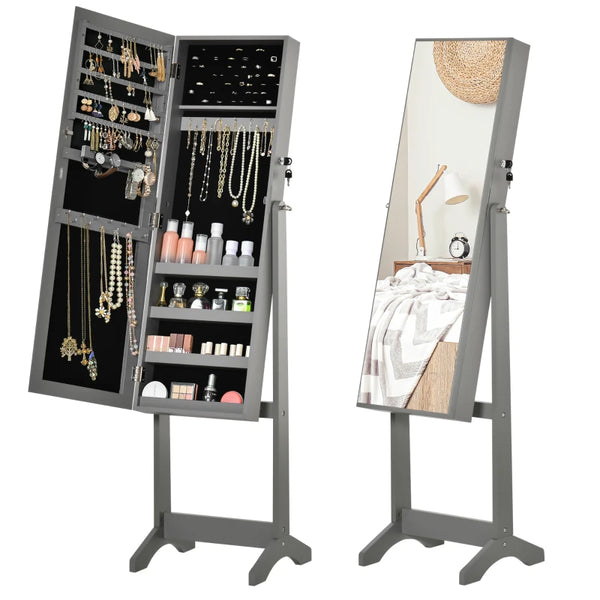 Grey Full Length Mirror Jewellery Cabinet with Storage and Lockable Organizer