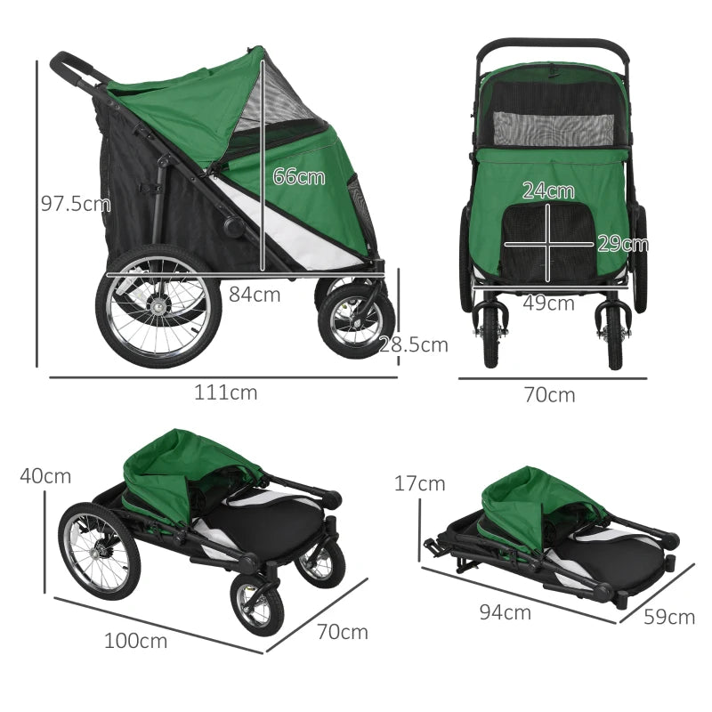 Foldable Pet Stroller with Washable Cushion - Green