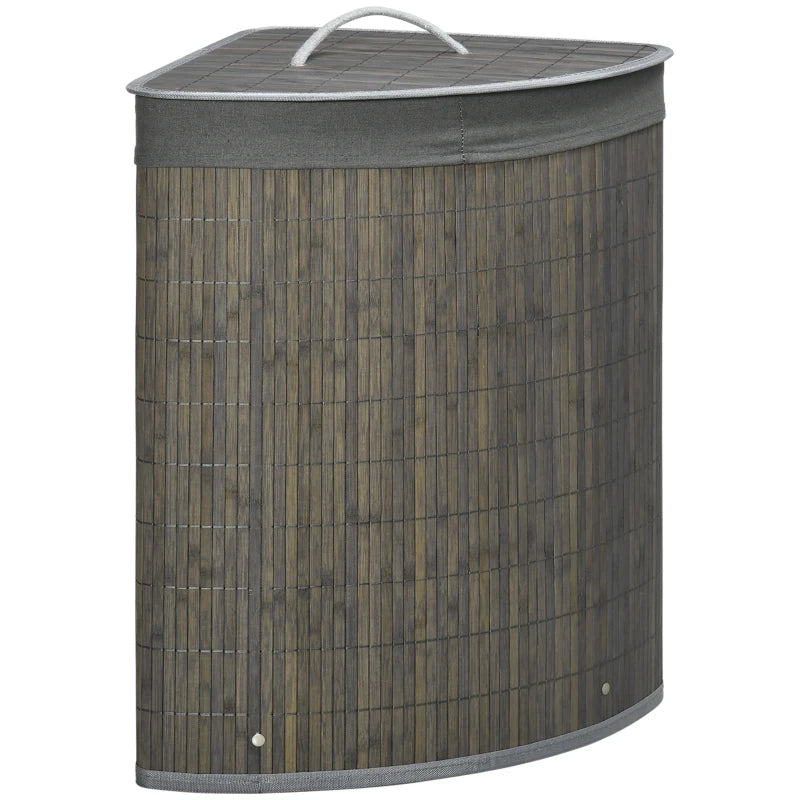 Grey Bamboo Laundry Basket with Lid, 55L Hamper & Washable Lining