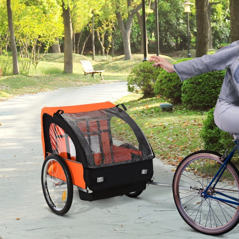 Orange Black 2-Seat Child Bike Trailer with Safety Harness