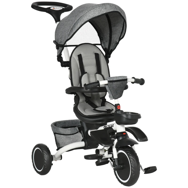 Grey Kids Tricycle with Rotatable Seat & Adjustable Push Handle
