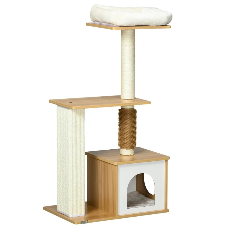 Oak Tone Cat Tree with Scratching Posts and Perches - 59.5 x 39.5 x 114cm