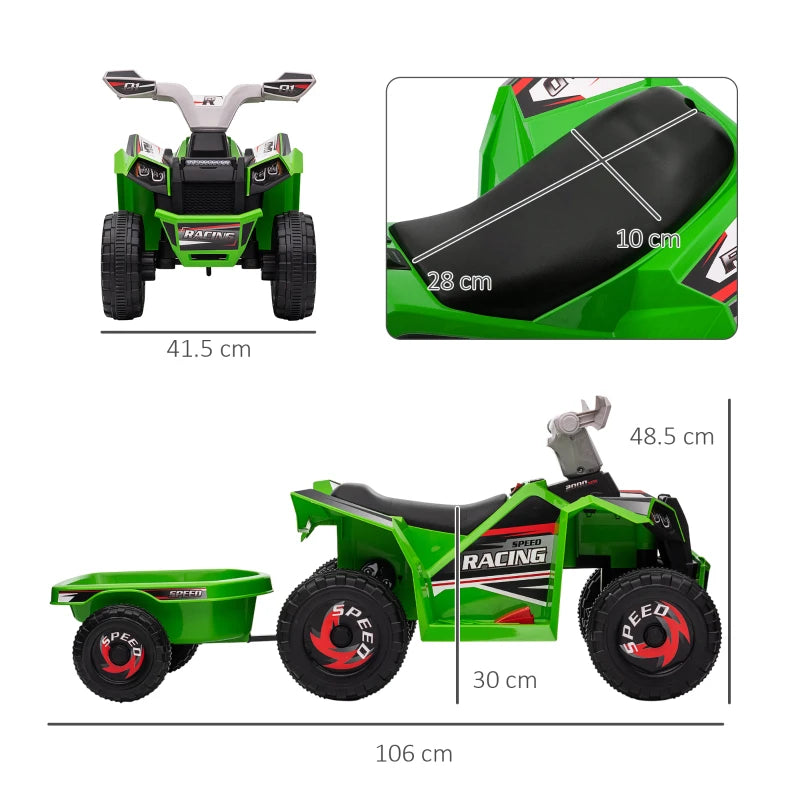 Green 6V Quad Bike with Back Trailer for Toddlers, Wear-Resistant Wheels