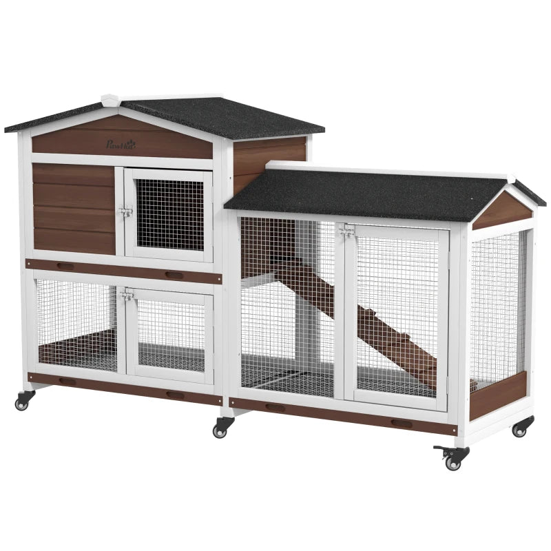 Brown Wooden Pet Hutch with Wheels - 2-Tier Run