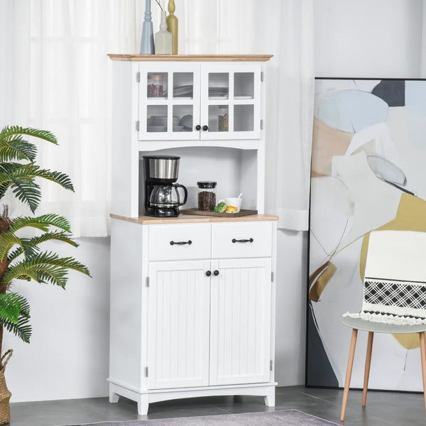 White Kitchen Storage Cabinet with Glass Doors and Drawers