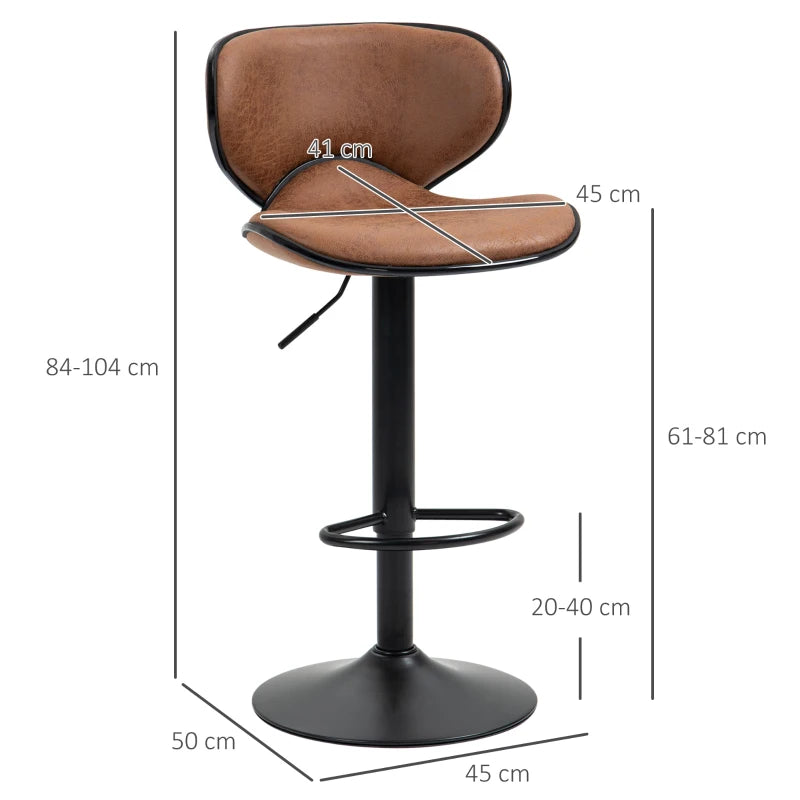 Brown Microfiber Cloth Swivel Bar Stool Set of 2, Adjustable Height Armless Chairs