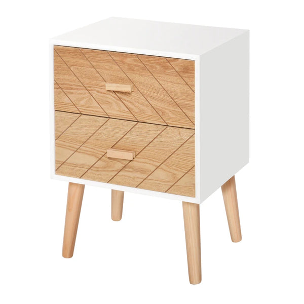 Natural Wood 2-Drawer Bedside Table with Pine Legs