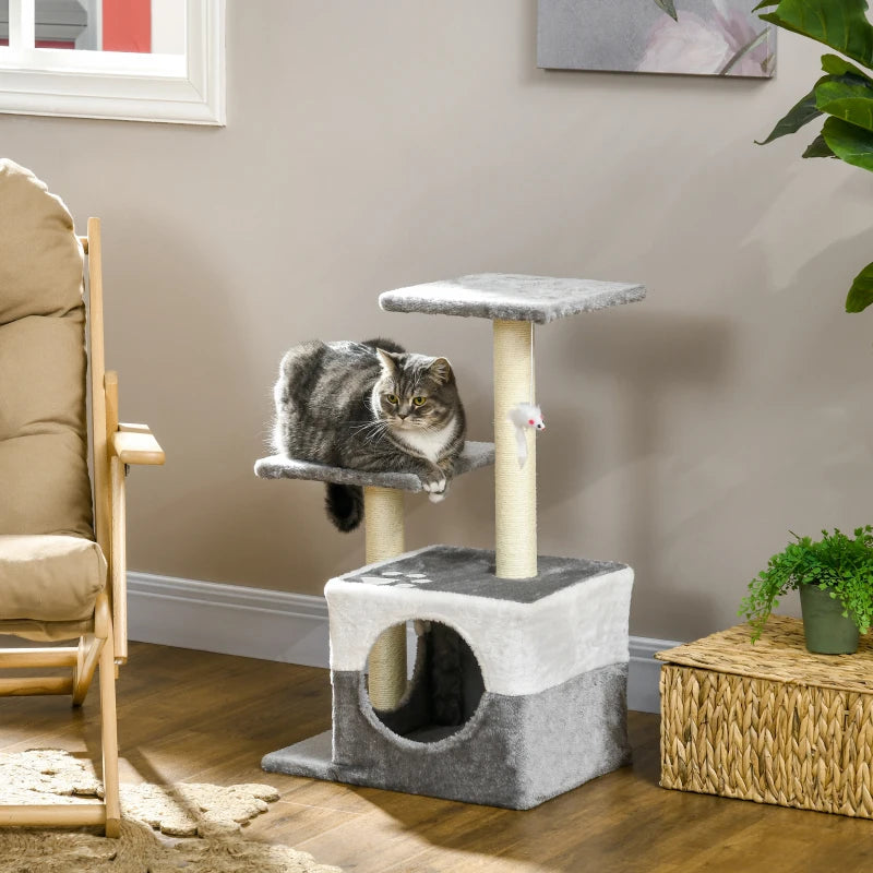 Grey Cat Tree with Scratching Posts, House, Perches & Toy Mouse