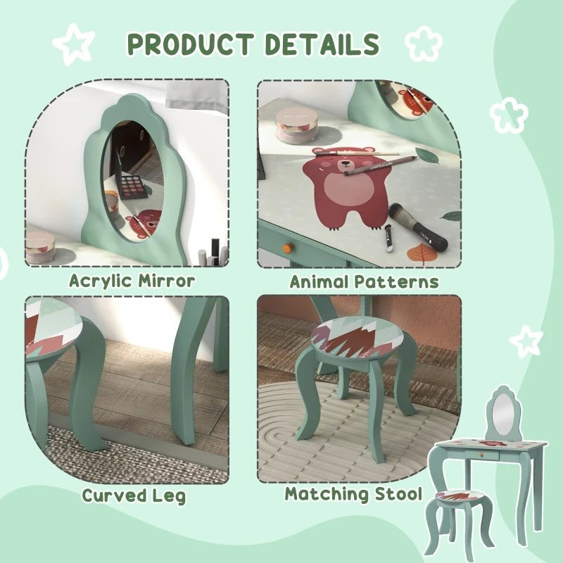 Green Kids Dressing Table Set with Mirror, Stool, Drawer - Cute Animal Design