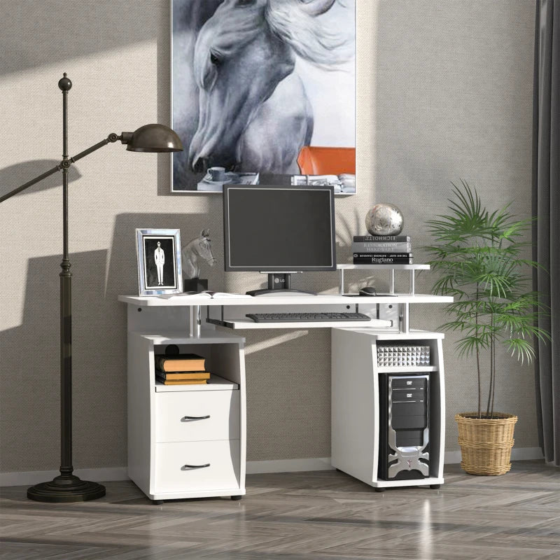 White Computer Desk with Keyboard Tray and Drawers