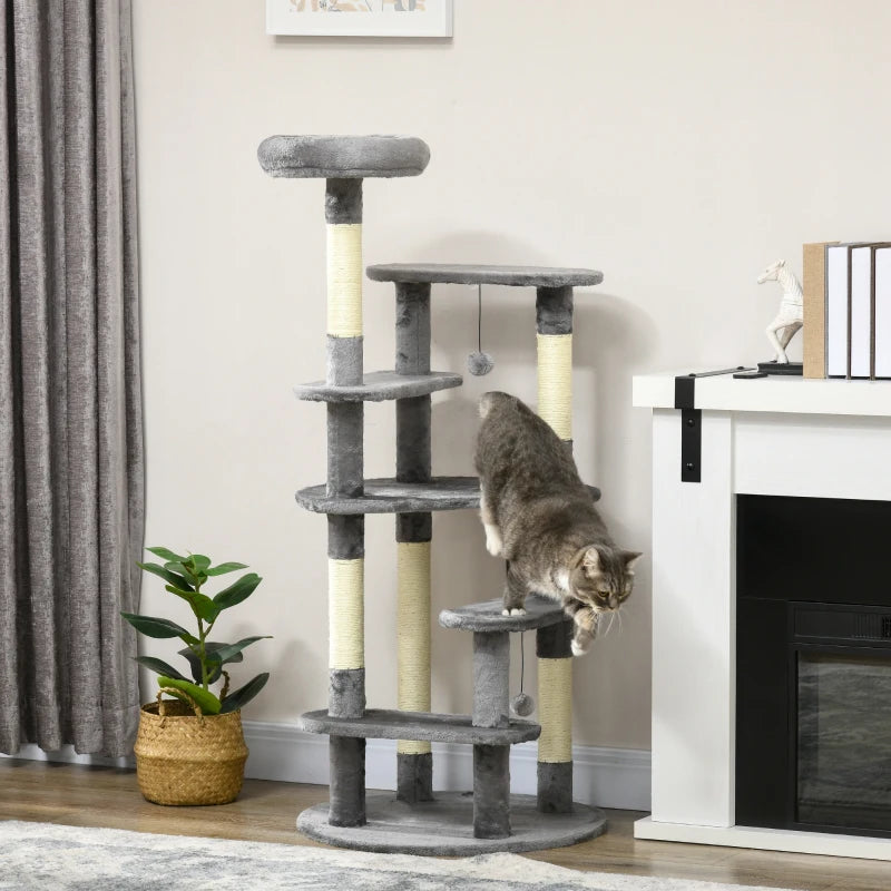 Grey Cat Tree Tower with Scratching Posts and Bed