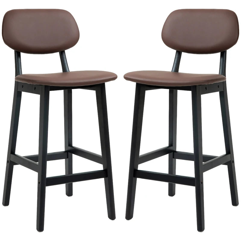 Brown Faux Leather Breakfast Bar Stools Set of 2 with Backs and Solid Wood Legs