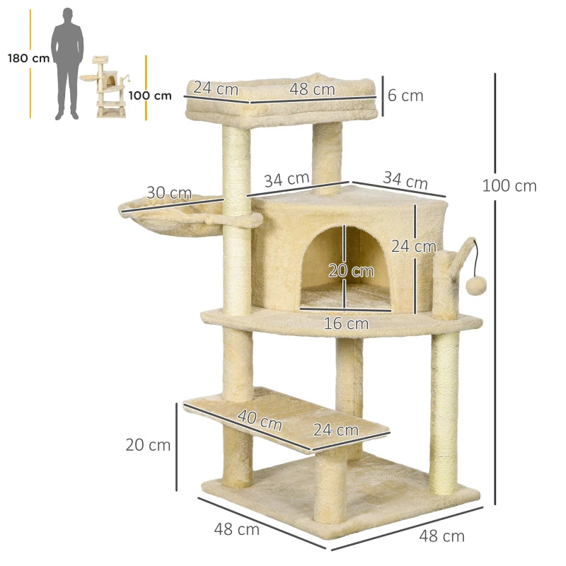 Cat Tree Tower with Scratching Post - Cream White, 100cm