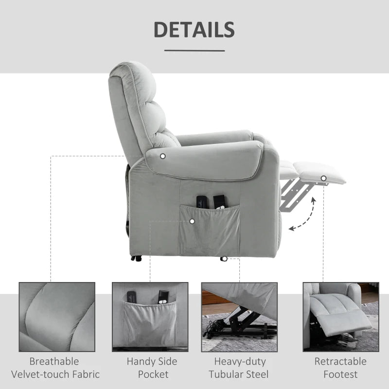 Grey Electric Power Lift Recliner with Vibration Massage and Remote Control