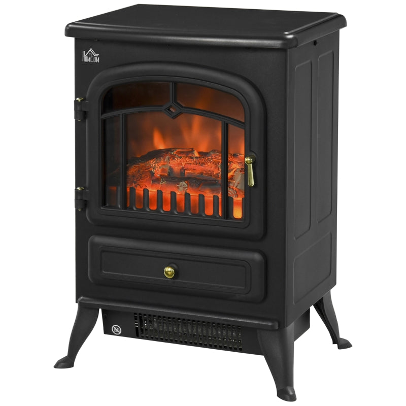 Black Electric Fireplace Heater with Glass View and Wood Burning Flame Effect