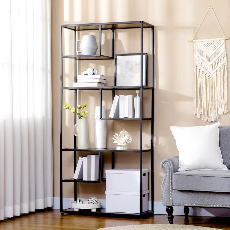 Rustic Brown 7-Tier Metal Bookcase Shelf for Home and Office