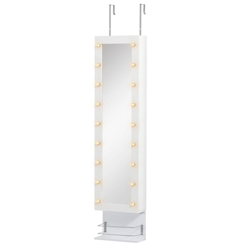 White Wall-Mounted Jewellery Cabinet with Lights and Brush Holder