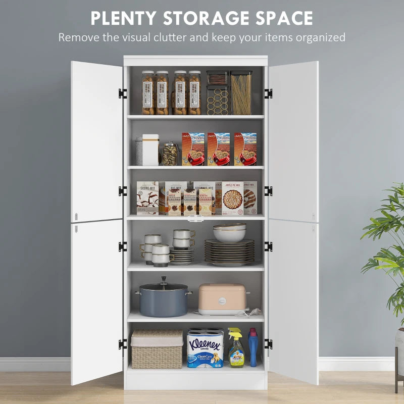 White 4-Door Tall Kitchen Cupboard with 6-Tier Storage