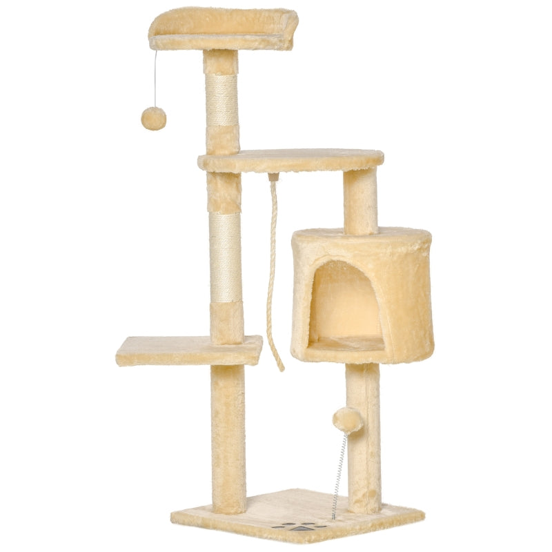 Beige Cat Tree Condo with Toys - 4-tier 114cm Tall