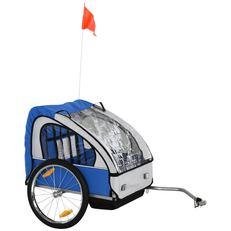 Blue White 2-Seat Child Bike Trailer with Safety Harness