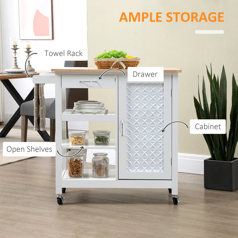 White Kitchen Trolley with Embossed Door Panel and 3 Shelves