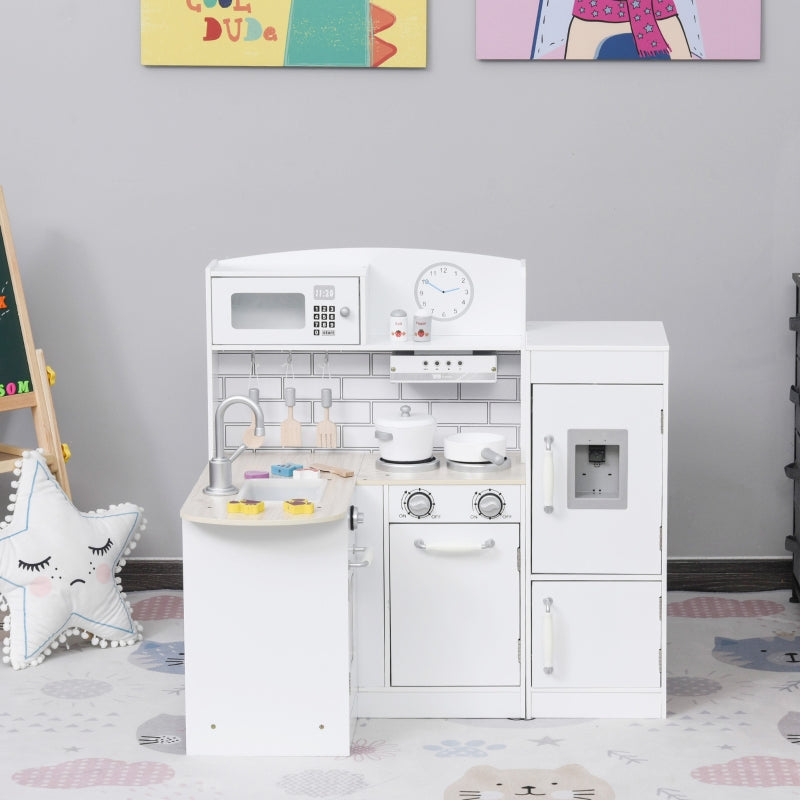 White Kids Wooden Play Kitchen Set with Microwave and Fridge