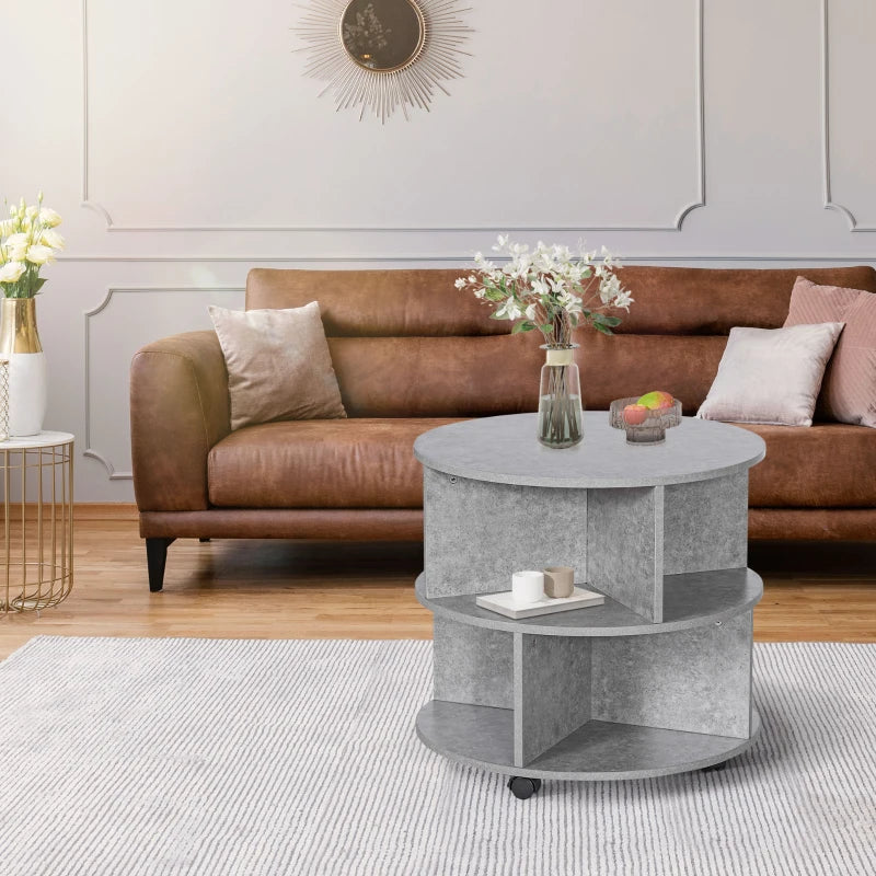 Round Cement Coffee Table with Divided Shelves and Wheels