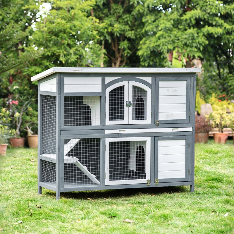 Grey 2 Tier Outdoor Rabbit Hutch with Ramp and Openable Roof