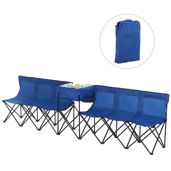 Blue 6-Seater Folding Steel Camping Bench with Cooler Bag