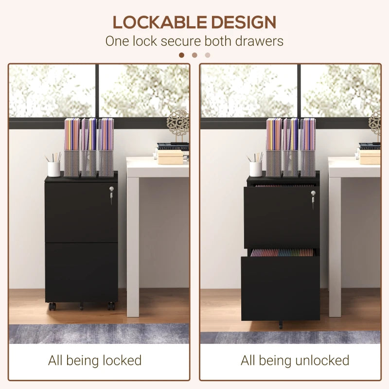 Black 2-Drawer Steel Vertical File Cabinet with Lock & Wheels