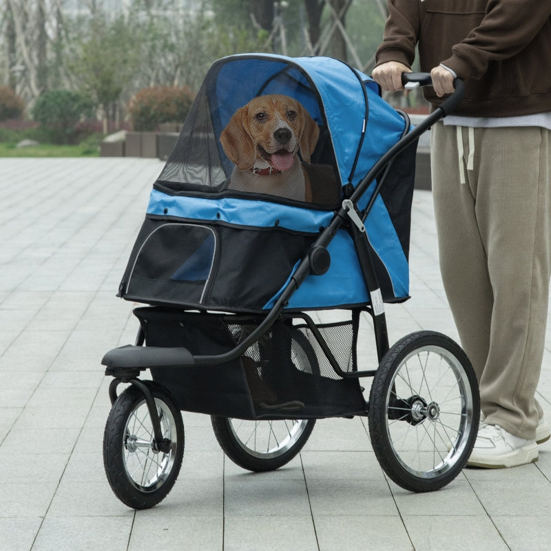 Blue Pet Stroller for Medium and Small Dogs - Foldable Jogger with Adjustable Canopy and Washable Cushion